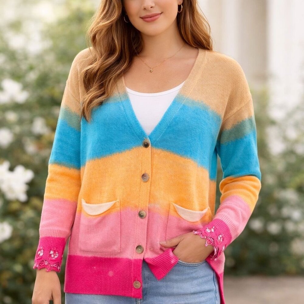 Colorful Gradient Long Cardigan Sweater Button Sz M  Distressed Rainbow Layering